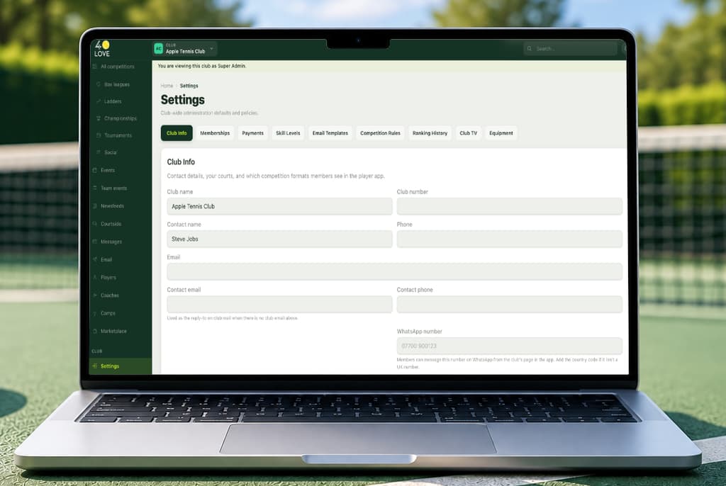 The club settings area in the 40LOVE admin