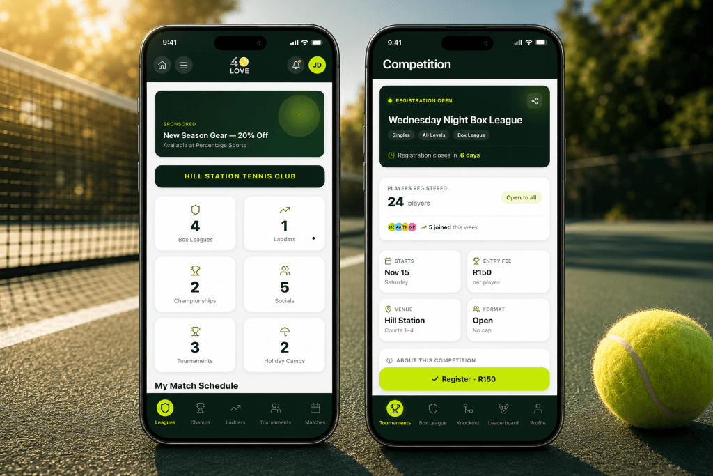 40LOVE app dashboard and competition screens