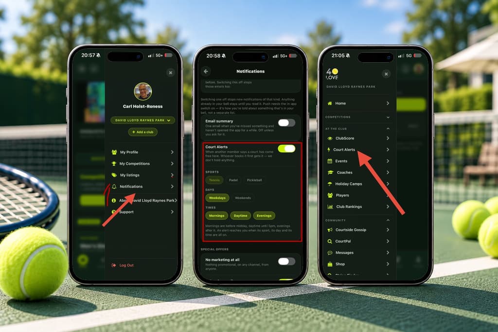 Court Alerts in the notification settings, with its sport, day and time filters