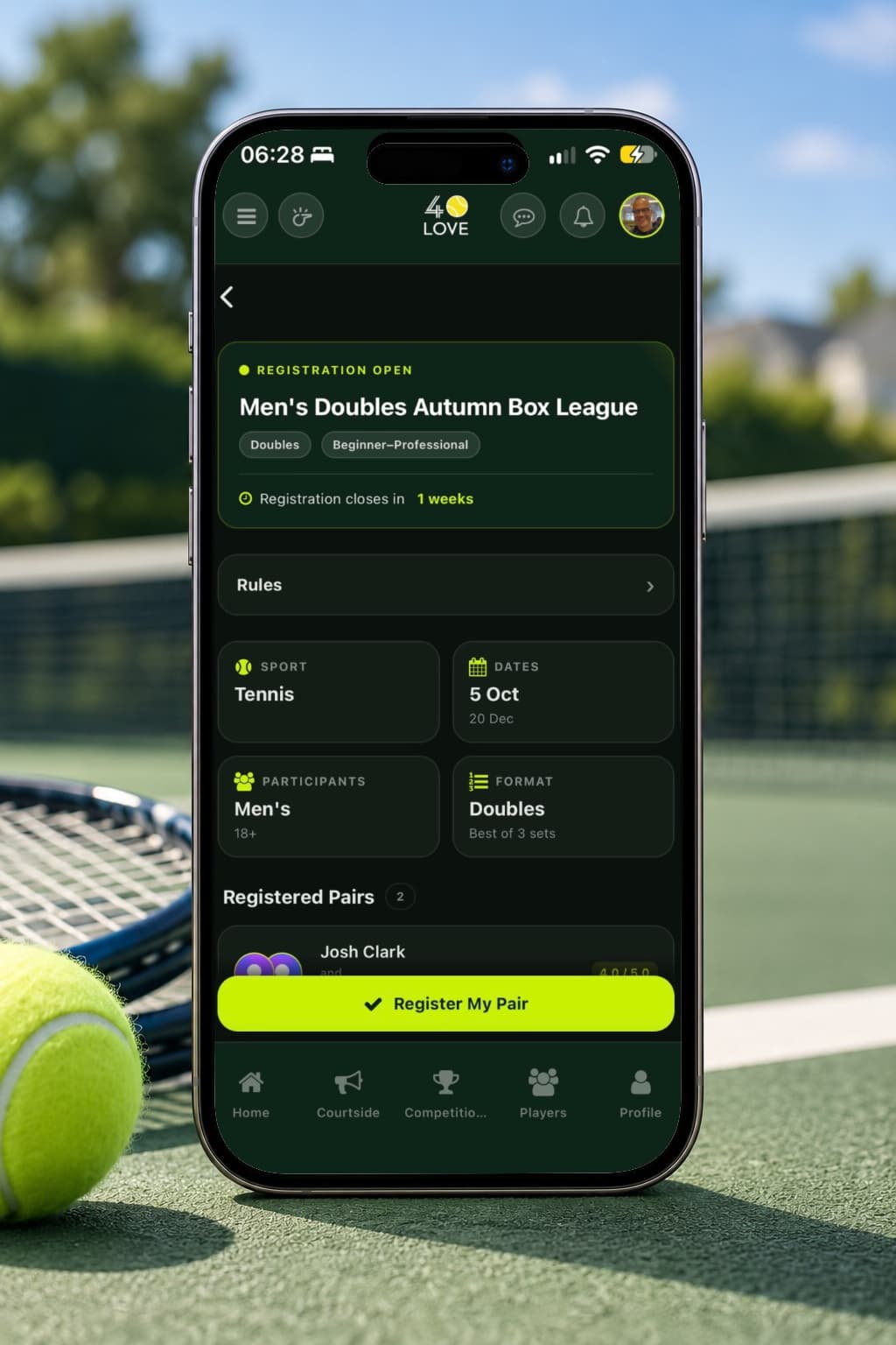 Registering for a competition, with the partner picker for a doubles event