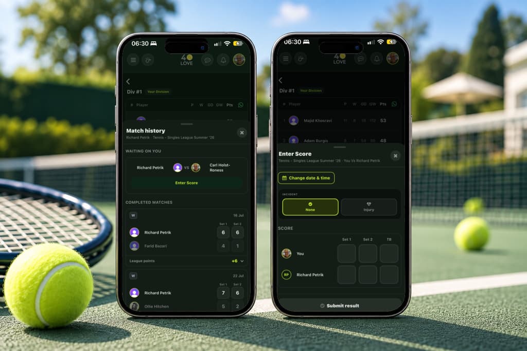 Entering a match score, and the opponent's one-tap confirmation